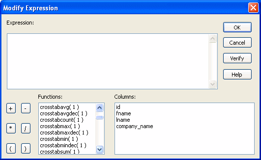 The sample shows a Modify Expression dialog box At lower left is the Functions box, which lists all the functions available for the expression. The five special functions for crosstabs are included in the list: cross tab a v g ( one ), cross tab count ( one ), cross tab max ( one ), cross tab min ( one ), and cross tab sum ( one ).