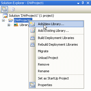 The first item on the popup menu for a DataWindoc project is add new library