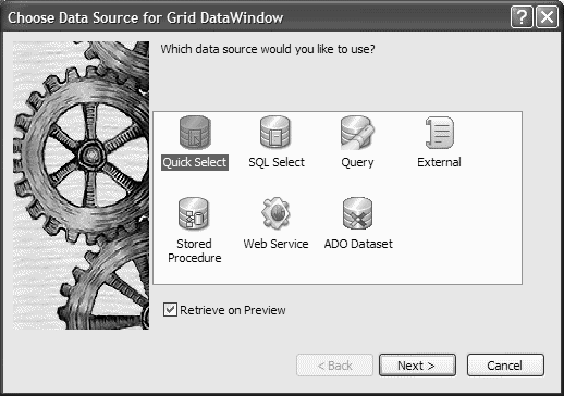 The wizard offers a choice of seven data sources