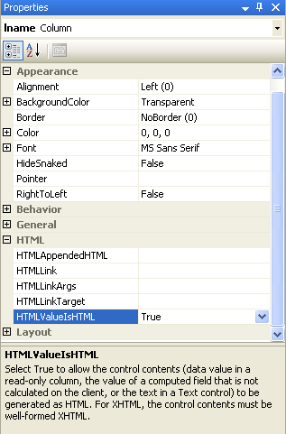 The properties window can display properties organized by category.