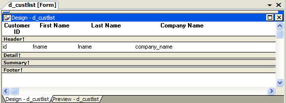 The image shows the ID, First Name, Last Name, and Company Name column headings in the header band and the column names in the detail band.