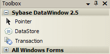 The image shows the transaction and datastore items on the Sybase Datawindow 2.0 tab of the visual studio toolbox when view component designer is selected from the menu.