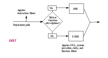 Figure 12-1 shows the evaluation of database replication filters. If the replication path is a table or function subscription, D I S T passes replicated table or function to the Subscription Resolution Engine (S R E). Otherwise, it passes replicated table or function to Database Subscription Resolution Engine (D S R E).