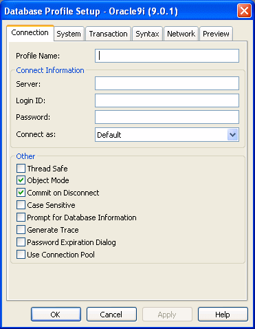 The sample shows the connection page of the Adaptive Server Enterprise dialog box. At top is a box for Profile Name, then a box for Connect Information that groups boxes labeled Server, Login I D, Password, Database, and Release. Release has a drop down list box. At bottom is a box labeled Other that groups a box for Isolation Level , with the entry Read Committed selected from the drop down list, and then check boxes for Auto Commit Mode, Commit on Disconnect, Display Runtime Dailog When Password Expires, Prompt for Database Information, and Generate Trace. Only the Commit on Disconnect check box is selected in the sample.