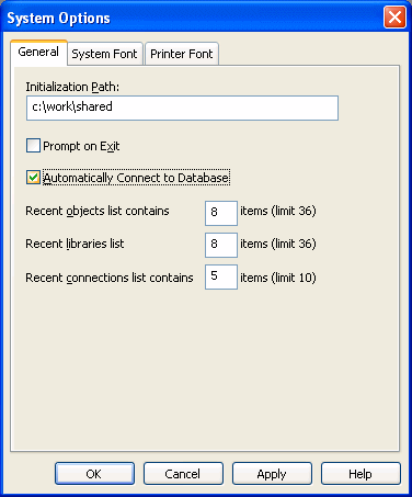 The sample shows the General tab page of the System Options dialog box. At top is an Initialization Path box with the sample entry j :  picasso build  b l d 5003. Next is a selected check box for Prompt on Exit and an unselected check box for Automatically Connect to Database. Next is a box labeled Recent objects list contains, with an entry of 0 items and a 36 -item limit. Next is a box labeled Recent libraries list contains and an entry of 8 with a limit of 36 items. Last is a box labeled Recent corrections list contains and an entry of 4 with a limit of 10 items.