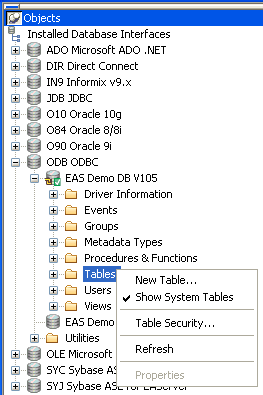 The sample displays Installed Database Interfaces in tree format. The entry for S Y C  Sybase A S E is expanded to show the A S E entry with the Tables folder highlighted. A pop up menu shows the items New Table, Show System Tables, which has a checkmark, Table Security, Refresh, and Properties, which is grayed.