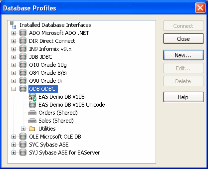The sample shows the Database Profiles dialog box with Installed Database Interfaces displayed in tree format. The entry for O D B O D B C is expanded. It lists a  profile for E A S Demo D B V 4, for Employee ( Shared ), New Sales ( Shared ), and E A S Demo D B V 4 I M.