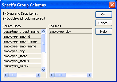 In the Specify Group Columns dialog box, the city column has been dragged from the left pane to the right pane.