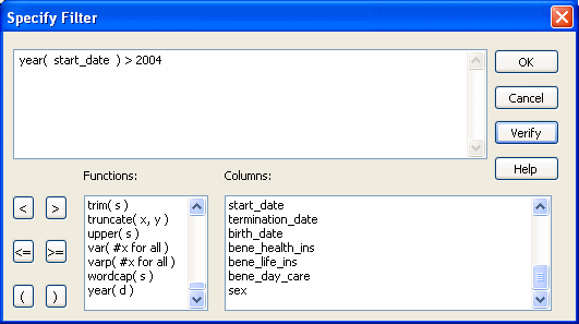 The picture shows the Specify Filter dialog box. Across the top is a scrollable input region. At bottom left are buttons you can click to insert operators in your filter and lists of functions and columns you can paste into the filter.
