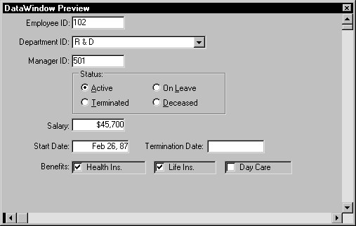 The sample Data Window Preview includes four radio buttons grouped by a rectangle labeled Status:  The Active button is selected. Terminated, On Leave, and Deceased are unselected.