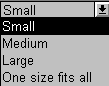 The  example shows a list box with an arrow. The drop down list has four values: small, medium, large, and one size fits all.