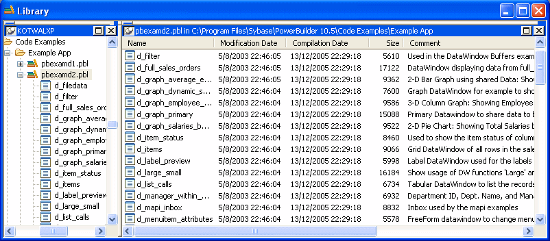 The sample shows the Library painter screen as it displays by default. At left is a Tree view of the drives that are on the computer or mapped to it. The drives are not expanded. On the right is a List view that displays the same drives under a column labeled Name. To the right are three more columns labeled Modification Date, Size, and Comments.