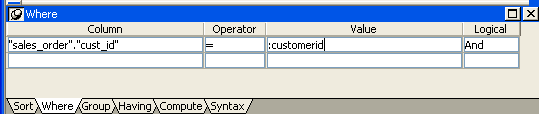 The sample displays the Where tab with the expression " sales order " dot " cust _ i d " under Column, = as Operator, and a Value of : customer i d.