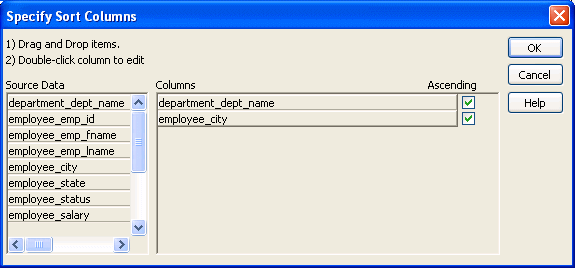 In the Specify Sort Columns dialog box, the department name and employee city columns have been dragged from the left pane to the right pane.