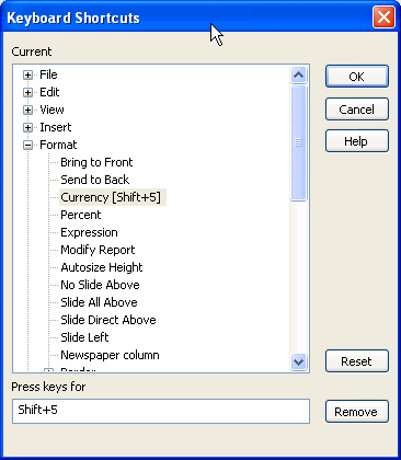 The sample is labeled Keyboard Shortcuts. It displays a large box labeled Current Menu listing the menu items File, Tools, Window, Help, and Additional Global Shortcuts. File is selected. At bottom is a blank box labeled Press keys for shortcut:. At right is a reset button.