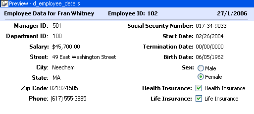 The sample DataWindow preview shows an object with the title Employee Data that retrieves and updates employee data.  Many labeled boxes in the sample display data such as Employee I D, Manager I D, and First and Last Name. Also included are sets of radio buttons such as a pair for Sex, with Male cleared and Female selected. Check boxes for Health Insurance, Life Insurance, and Day Care are also displayed, with the first two checked.