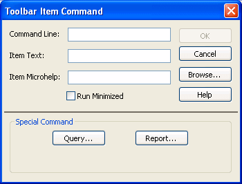 The sample shows the Toolbar Item Command dialog box. From top down, there are boxes for Command Line, Item Text, and Item Microhelp, which are all blank, and a cleared check box labeled Run Minimized. At bottom is a box labeled Special Command displaying buttons for Query, Report, Format, and Function.