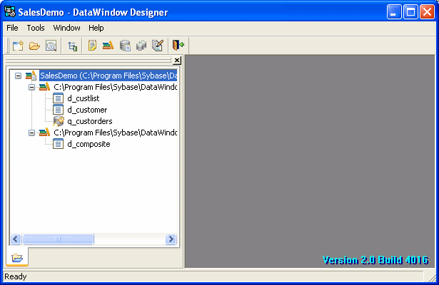 The sample shows the window that displays when Data Window Builder starts. Across the top is a menu bar showing the items File, Window, and Help. Below this is the PowerBar with labeled icons users can click as an alternative to using menus. The icons shown are labeled New, Open, Preview, S d Lib, Lib List, To Do List, Library, D B Prof, database, and Exit.