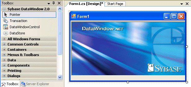 The sample shows the toolbox and the DataWindowControl image before a DataWindow is associated with it.