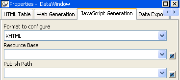 The image shows the JavaScript generation page in the properties view with XHTML selected