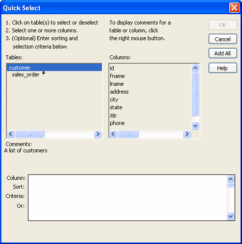 The image shows the Quick Select dialog box. 