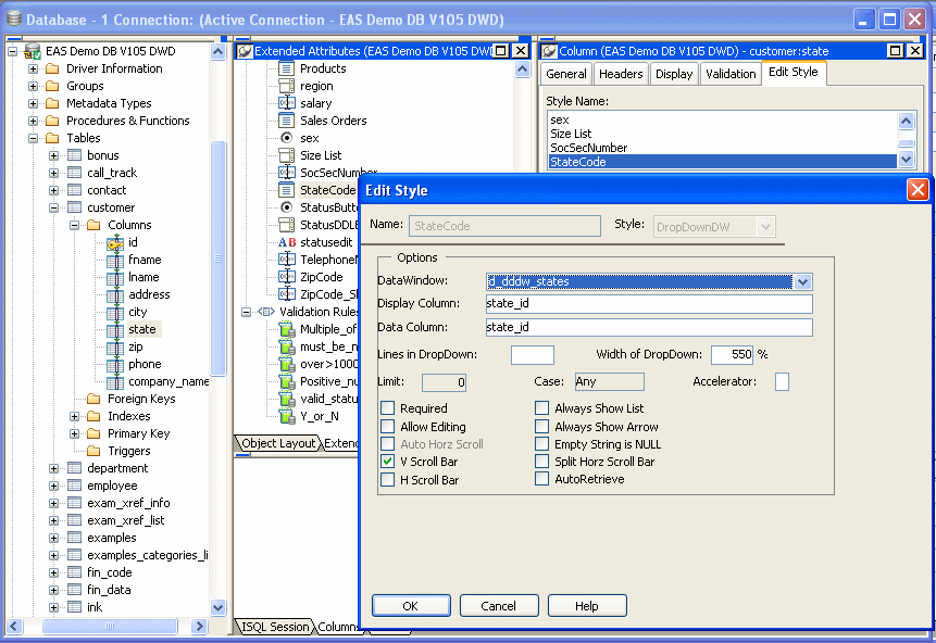 The image shows the Objects, Edit Styles, and Properties views in the database painter with the Edit Style dialog box for the drop down datawindow.