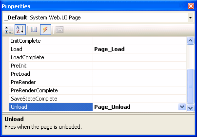The image shows the events list in the Properties window