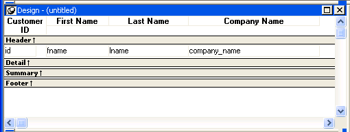 The image shows the ID, First Name, Last Name, and Company Name column headings in the header band and the column names in the detail band.