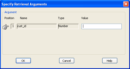 This Specify Retrieval Arguments dialog box has a Value field into which you must type a number.