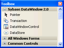 The image shows the Sybase DataWindow 2.0 tab in the visual studio toolbox