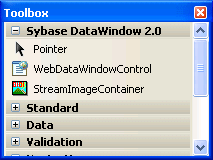 The image shows the StreamImageContainer and WebDataWindowControl items on the Sybase DataWindow 2.0 tab in the visual studio toolbox.