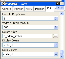 The image shows the Edit page in the Properties view for a DataWindow in the DataWindow painter.