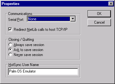 Properties dialog of Palm Emulator