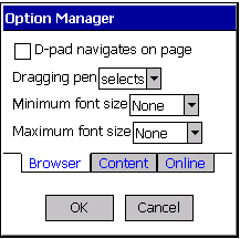 Preferences dialog, Browser tab, on Windows Mobile Pocket PC 2003 device