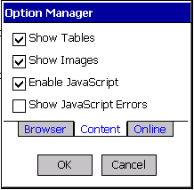 Preferences dialog, Content tab, on Windows Mobile Pocket PC 2003 device