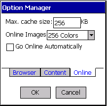 Preferences dialog, Online tab, on Windows Mobile Pocket PC 2003 device