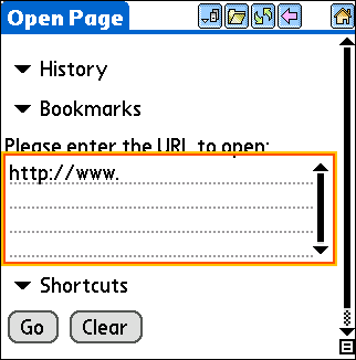 Open Page screen on Palm OS device