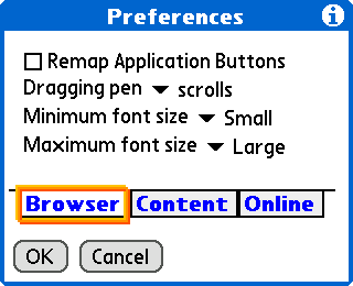 Preferences dialog, Browser tab on Palm OS device