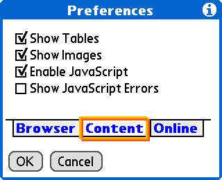 Preferences dialog, Content tab on Palm OS device