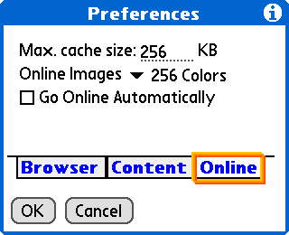 Preferences dialog, Online tab on Palm OS device