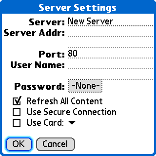 Server Settings dialog on Palm OS device