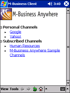 Server home page on Windows Mobile Pocket PC 2003 device