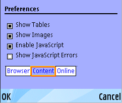 Preferences dialog, Content tab, on Symbian OS device