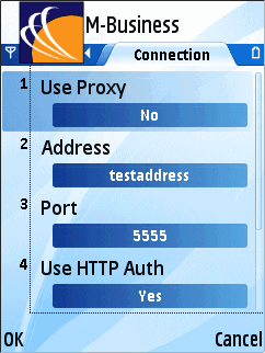 Connection tab, first four settings, on Symbian OS device