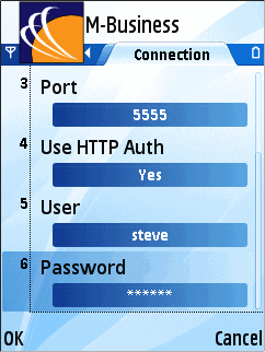 Connection tab, rest of settings, on Symbian OS device