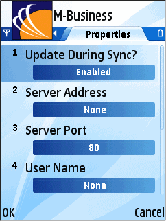 Server Properties dialog, first four settings, on Symbian OS device