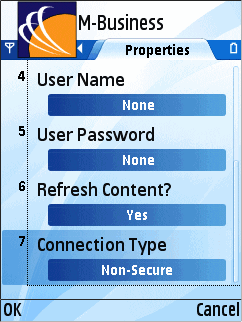 Server Properties dialog, last three settings, on Symbian OS device