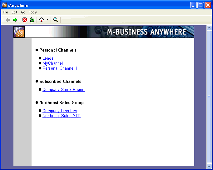 M-Business Client home page on Win32 device