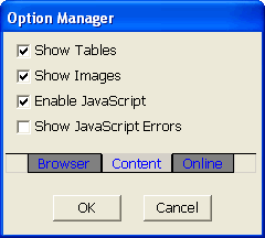 Option Manager, Content tab, on Win32 device