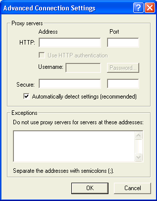 Advanced Connection Settings dialog on Win32 device